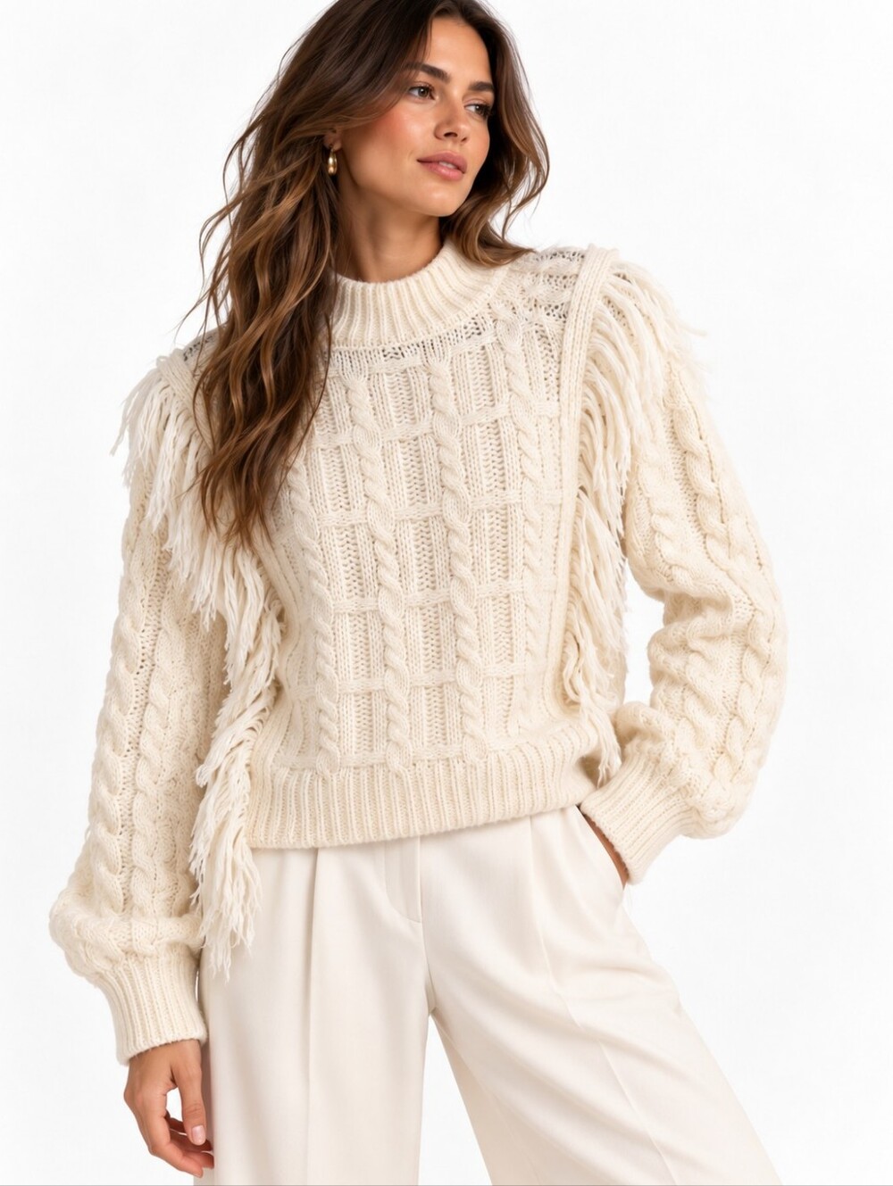 Elie Tahari Ivory Cable Knit Fringe Mock Neck Sweater XS